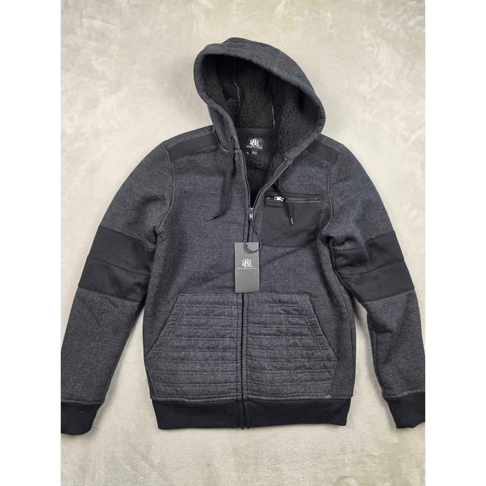 Rock & Republic Hoodie Jacket Mens S Black Faux‎ Fur Lined Fleece Full Zip